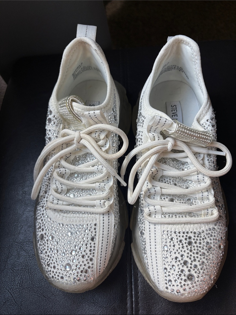 Steve Madden White Crystal-Embellished Lace-Up Sneakers